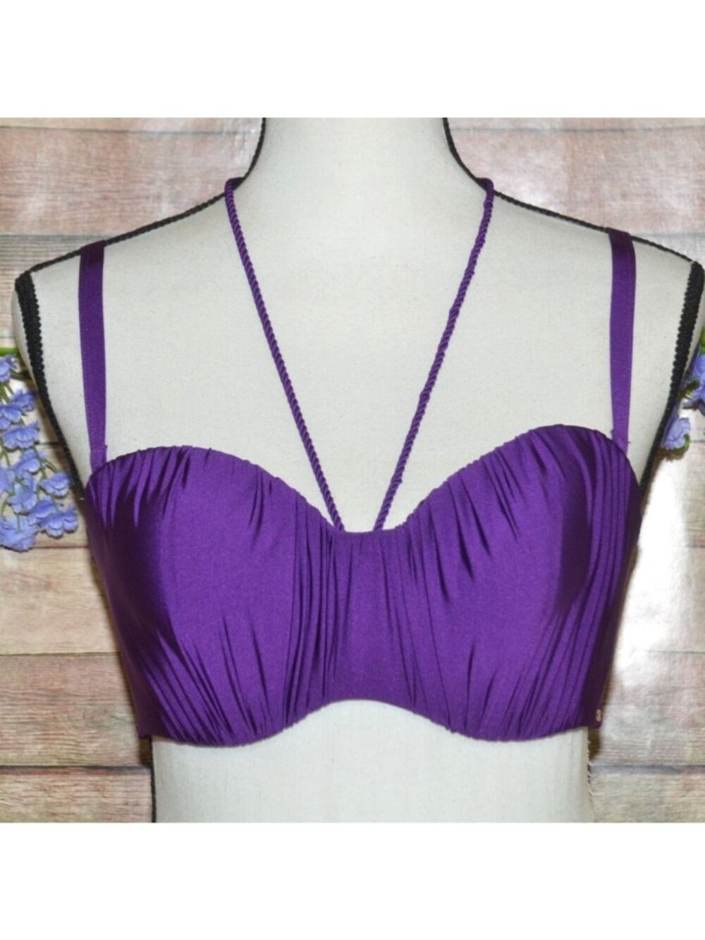 NWT Panache Marina Underwire Bandeau Molded Ruched Swimsuit Top Purple Size 34DD